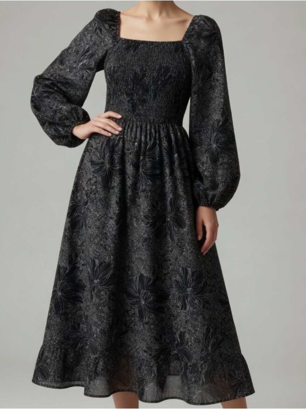 HENLY Boutique Black Floral Square-Neck Midi Dress